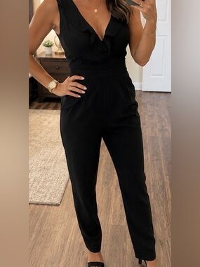 Wrapper Black Ruffle V-Neck High-Waist Jumpsuit
